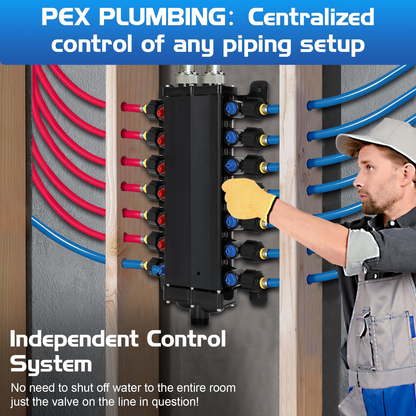 50243 Pex Manifold Compatible with Viega Manabloc, Homerun Distribution Pex Manifold with Valves, 1/2-Inch Zero Lead Poly Alloy PEX Crimp With 24 Ports Adapters(15 Cold, 9 Hot),Suitable for crimping.