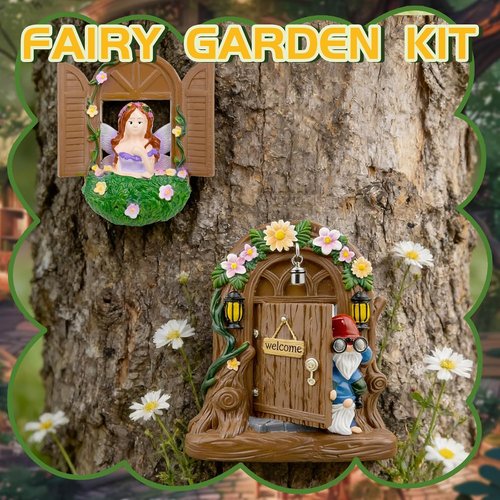 Exasinine Fairy Door and Windows Set - Gnome Statue Garden Sculpture for Outdoor Decor