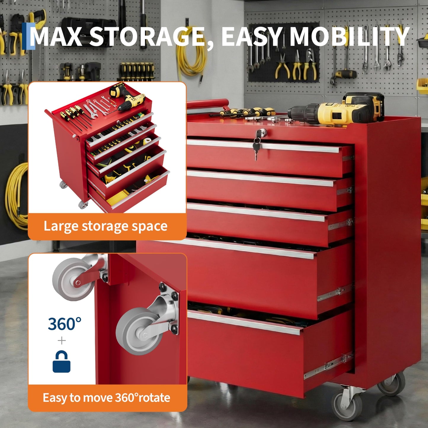 SierraSquad Rolling Tool Chest, 5-Drawer Tool Storage Cabinet, Tool Box with Wheels, Lock System and Drawer Liners, Tool Cart for Warehouse, Workshop and Repair Shop, Red