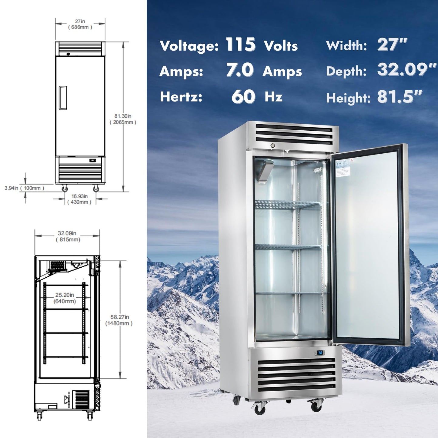 HECMAC 27" Commercial Freezer, 23 Cu.ft Reach-In Upright Fridge with Solid Door, -8 to 0℉, 18-8 Stainless Steel Interior, 3 Shelves, ETL&NSF/ANSI 7 for Restaurant, Bar, Shop, Kitchen Use