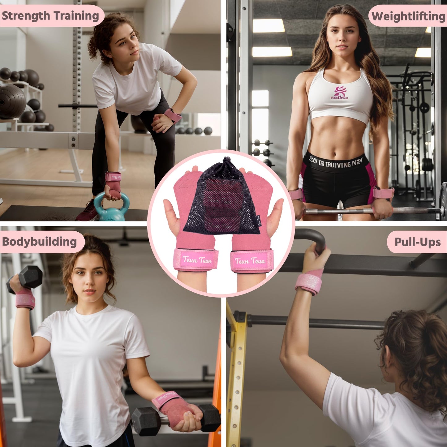 Teun Teun Glitter Wrist Straps for Weightlifting Pink Leather Gym Lifting Straps for Deadlifts, Weight Grips with Neoprene Padded Wrist Wraps Support