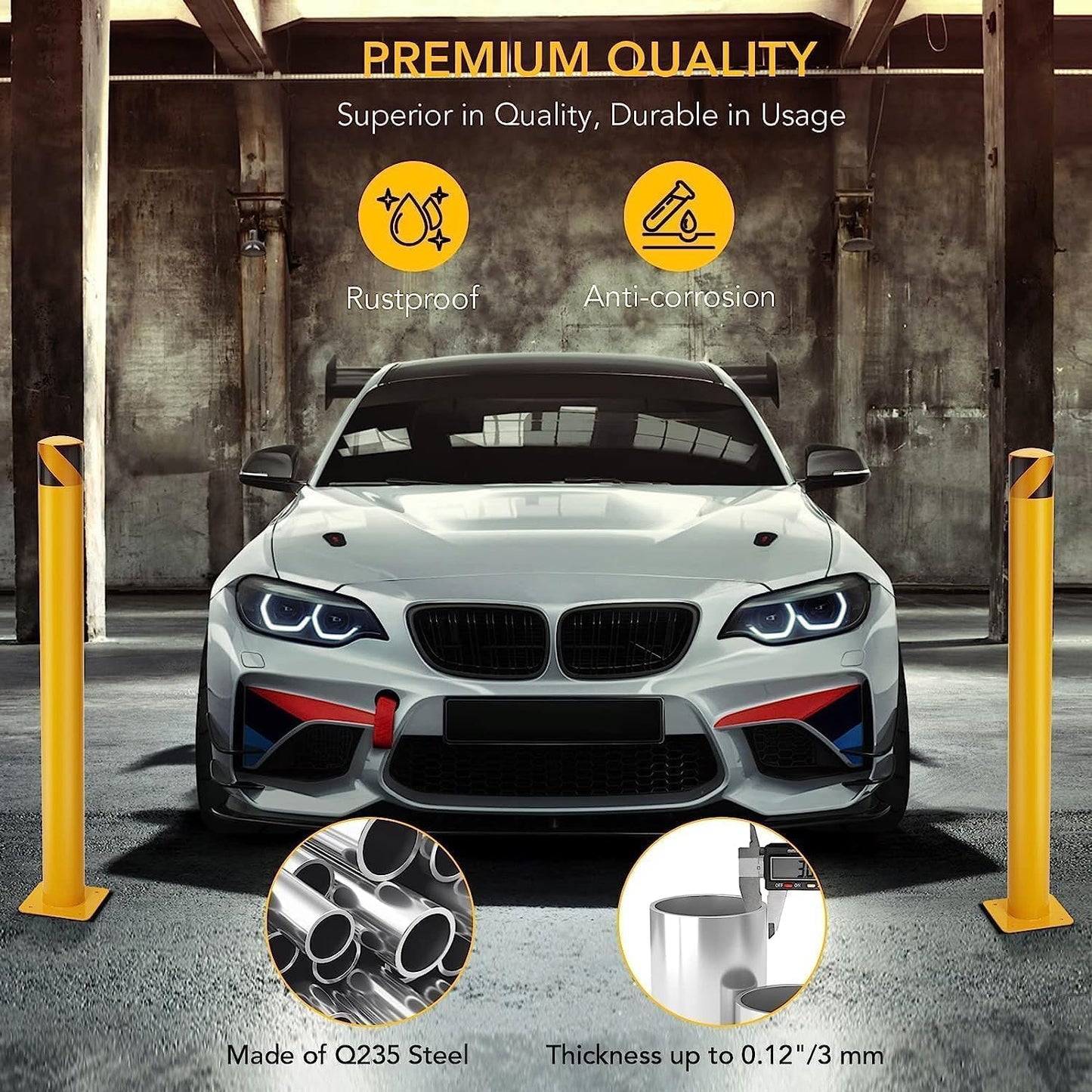 6Pcs Yellow Safety Bollards 48-Inch Steel Traffic Control Posts, 4.5-Inch Diameter with 24 Anchor Bolts, for Driveway Barriers and Parking Solutions