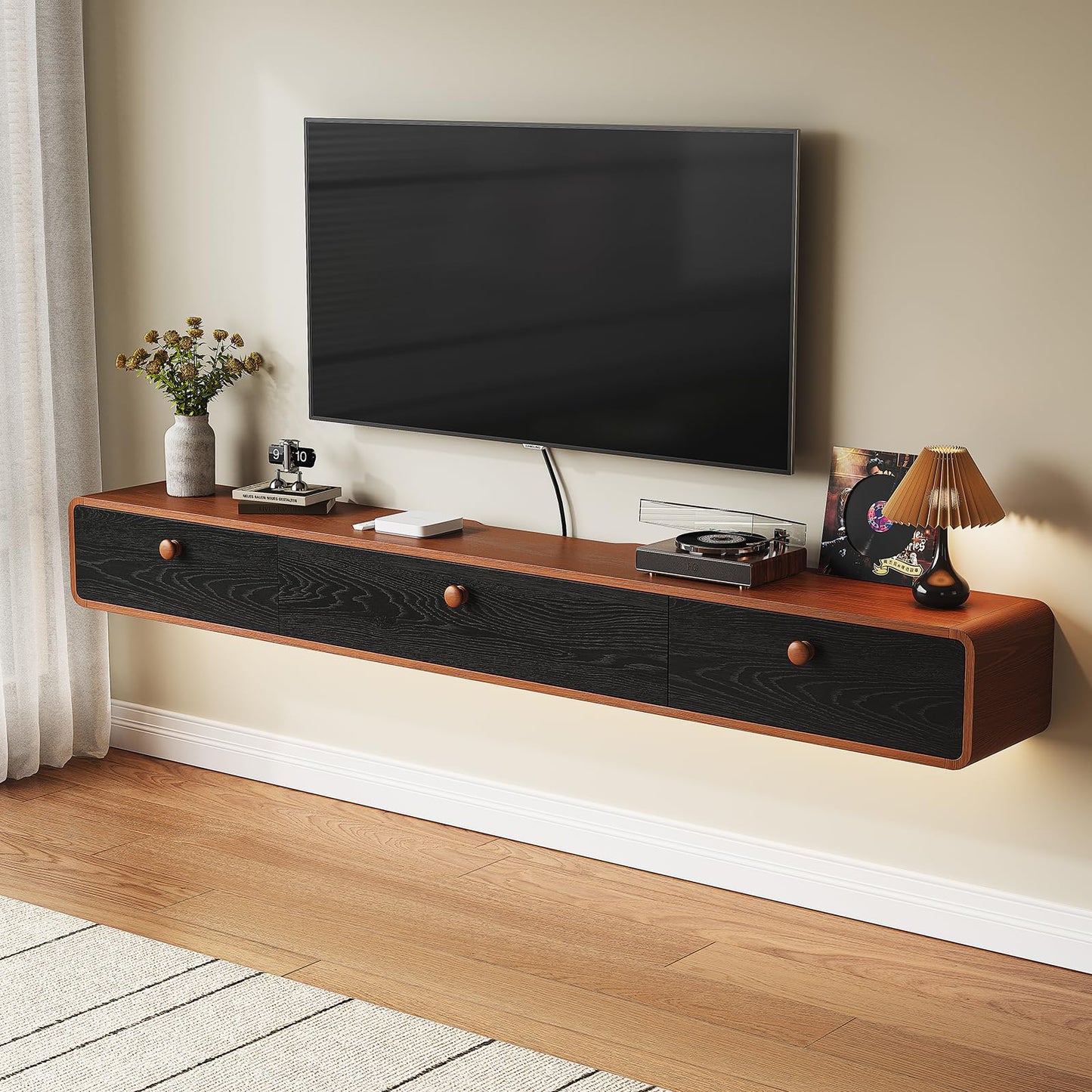 FurniNova Floating TV Console with 3 Doors,Natural Wood Veneer Wall Mounted TV Shelf,Floating Entertainment Center Media Console with Storage for Living Room Bedroom,55inch Walnut