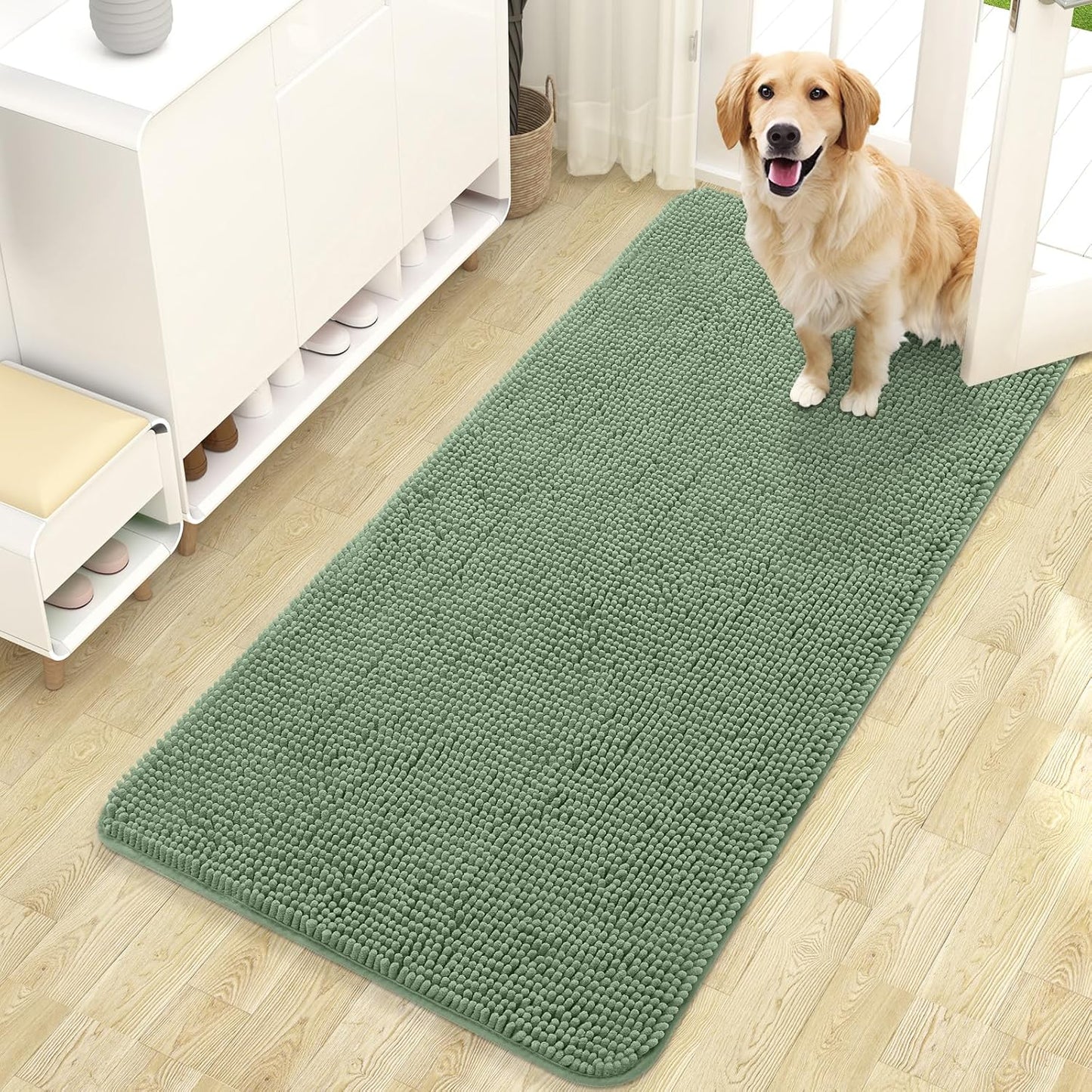OLANLY Dog Door Mat - Absorbent Non-Slip Mud Mat for Indoor Use | 47x24, Quick Dry Chenille, Olive Green