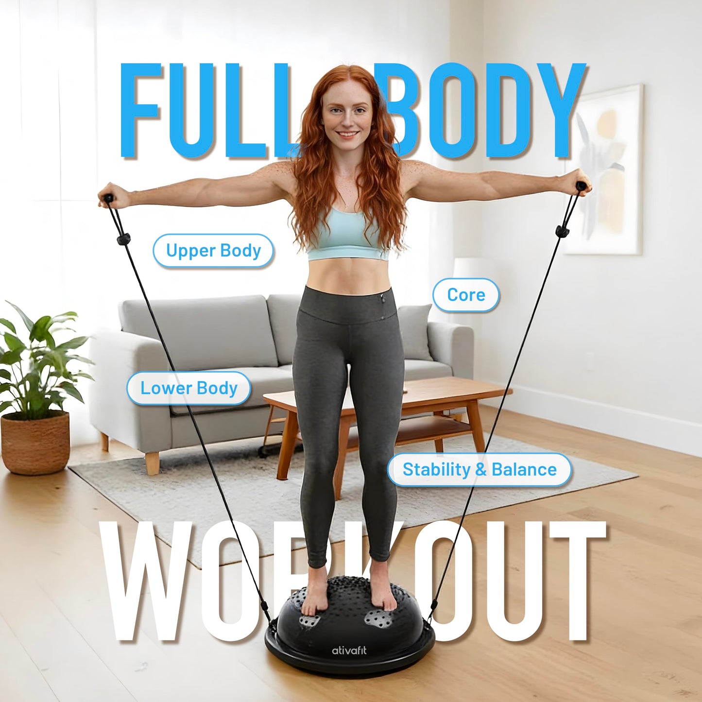 ATIVAFIT HALF BALL BALANCE TRAINER Inflatable Yoga‑Stability Ball for Core Strength & Home Workouts with Resistance Bands, Pump & Anti‑Slip Base (Supports up to 660 lbs)