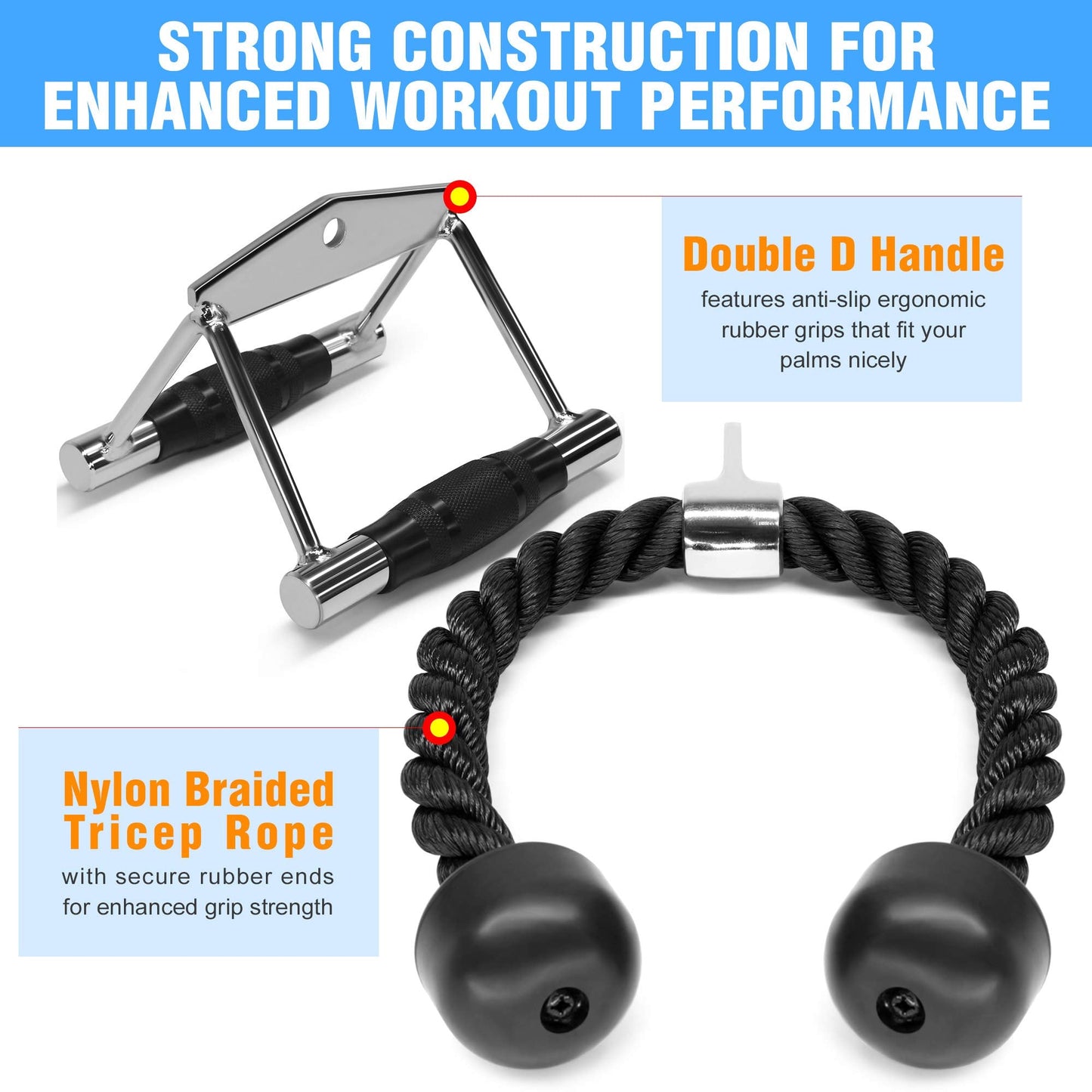 Yes4All Combo Double D Handle & Tricep Rope, Multi Cable Machine Accessories, Tricep Press Down Cable Machine Attachment, LAT Pulldown Attachments for Home Gym Set