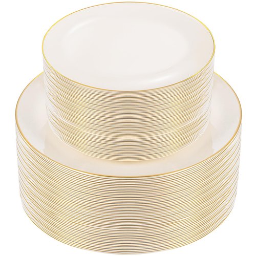 bUCLA 100PCS Ivory Plastic Plates with Gold Rim - Heavy Duty Cream Disposable Include 50 Dinner 10 inch & 50 Dessert 7 inch, for Party & Wedding