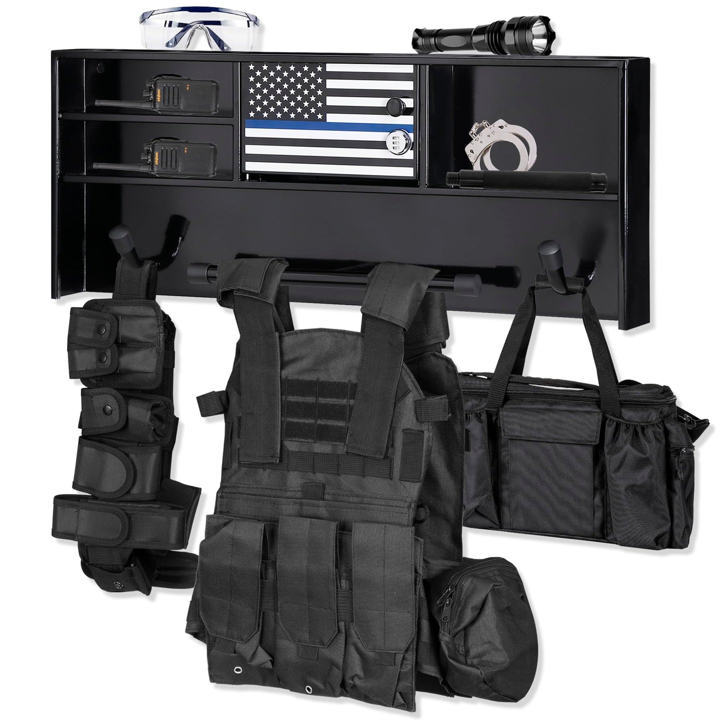 BUYYAH Wall Mounted Police Gear Rack, All Iron Frame with Gun Storage, Combination Lock, Tactical Duty Gear Rack for Home, Office, Police Gift Decor with Flag, Black