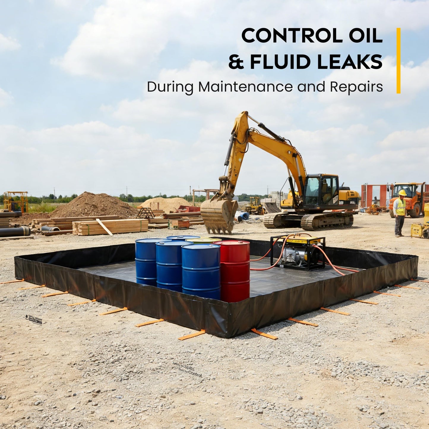 Spill Ready 5' x 5' x 12" Drive Over Spill Containment Berm - 30 oz PVC, 180 Gallon Sump - 0.75" Drain - Portable Oil, Fuel & Chemical Spill Control Berm | Black, Quick & Easy Setup