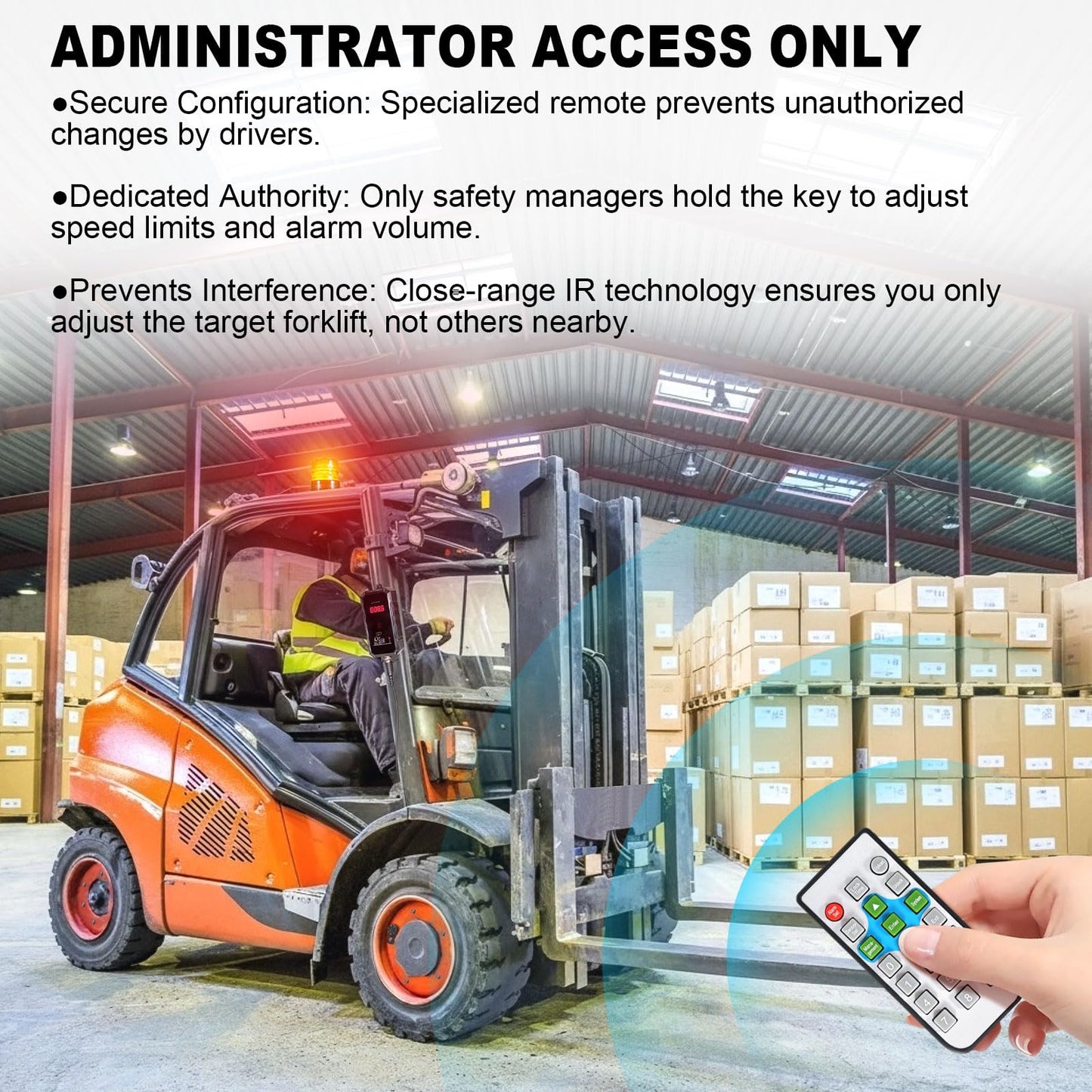 eTzone Forklift Overspeed Alarm System with 3-Level Speed Alert, 115dB Siren Warning Light, Admin-Only Remote, IP65 Waterproof for Warehouse Industrial Safety, DC 12-48V