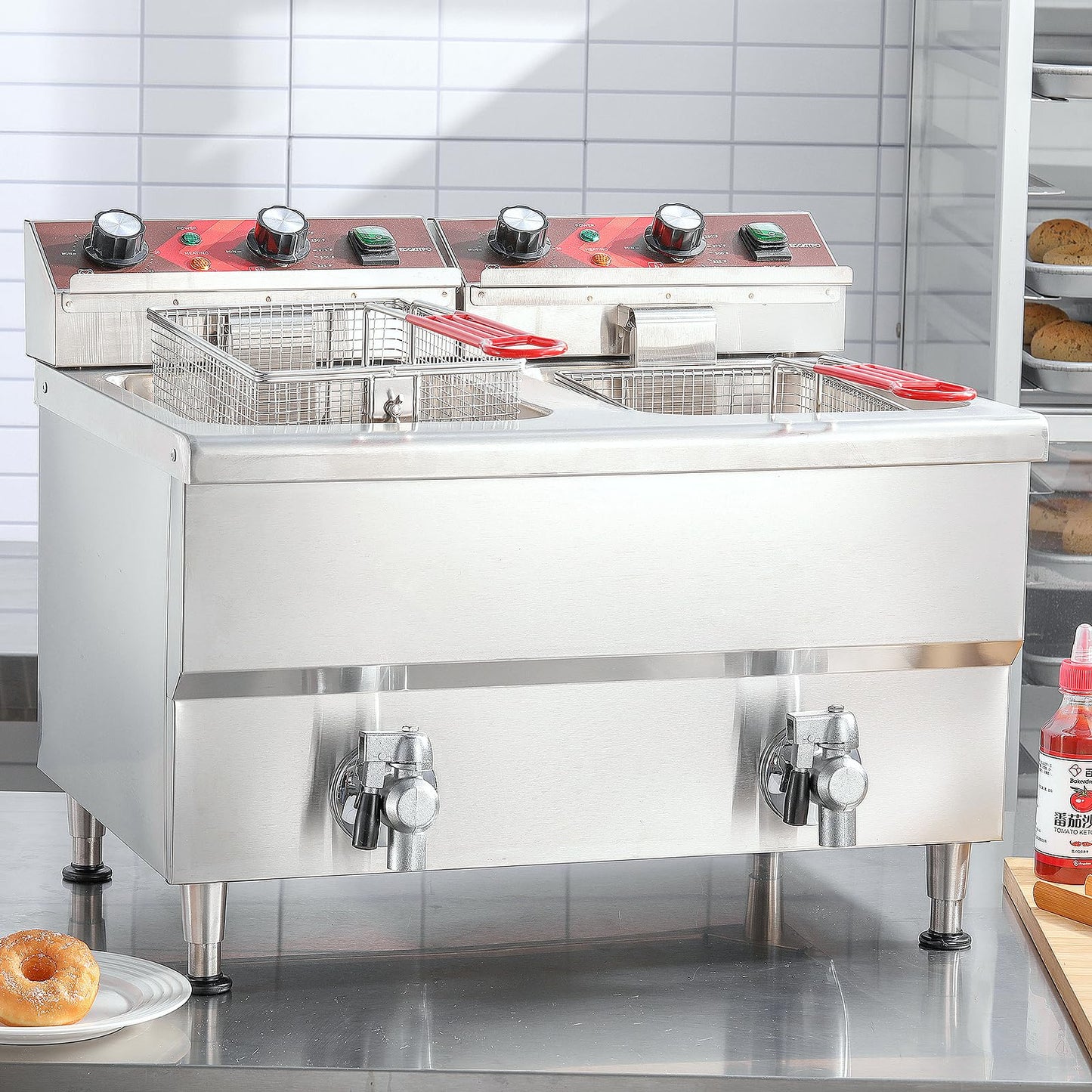 EGGKITPO Commercial Fryer Stainless Steel Electric Deep Fryer with Oil Filtration and Timer 24L Large Capacity Dual Tank Fryer with Baskets and Lids Countertop Deep Fryer for Restaurant Use 120V 3500W