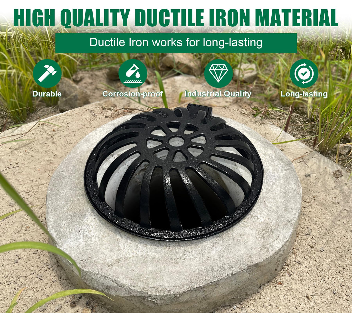 Natotela 20in Ductile Iron Atrium Drain Grate with Hinge and Frame, Dome Metal Overflow Relief Gully Grate with Bolted Down Base, Cast Iron Sewage Drain Grates for Garden,Yard,Lawn(Overall Size 23")