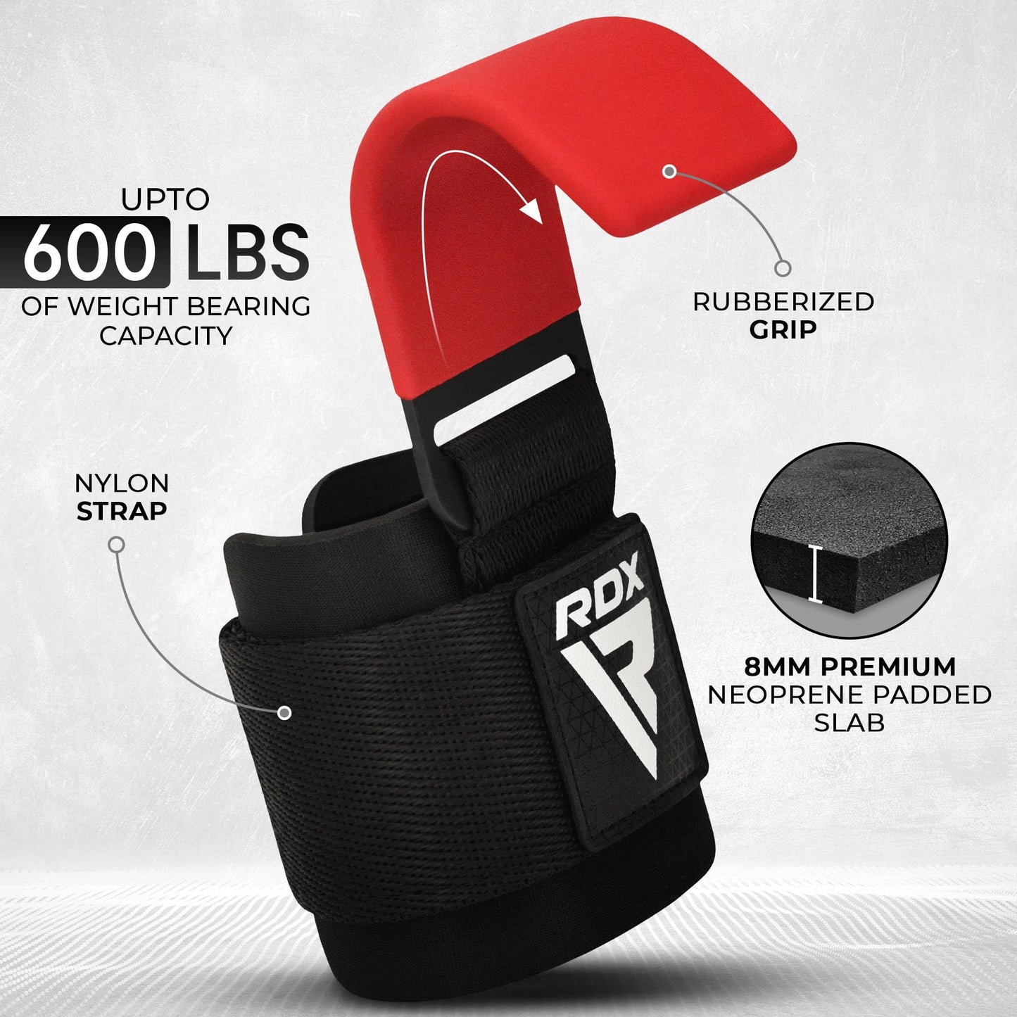 RDX Weight Lifting Hooks for Deadlifting (Pair) - 600Lbs Capacity - 8MM Neoprene Wrist Support Wraps - Grip Enhancer for Pull Ups Lat Pulldowns Rows - Adjustable Gym Workout Power Straps for Men Women