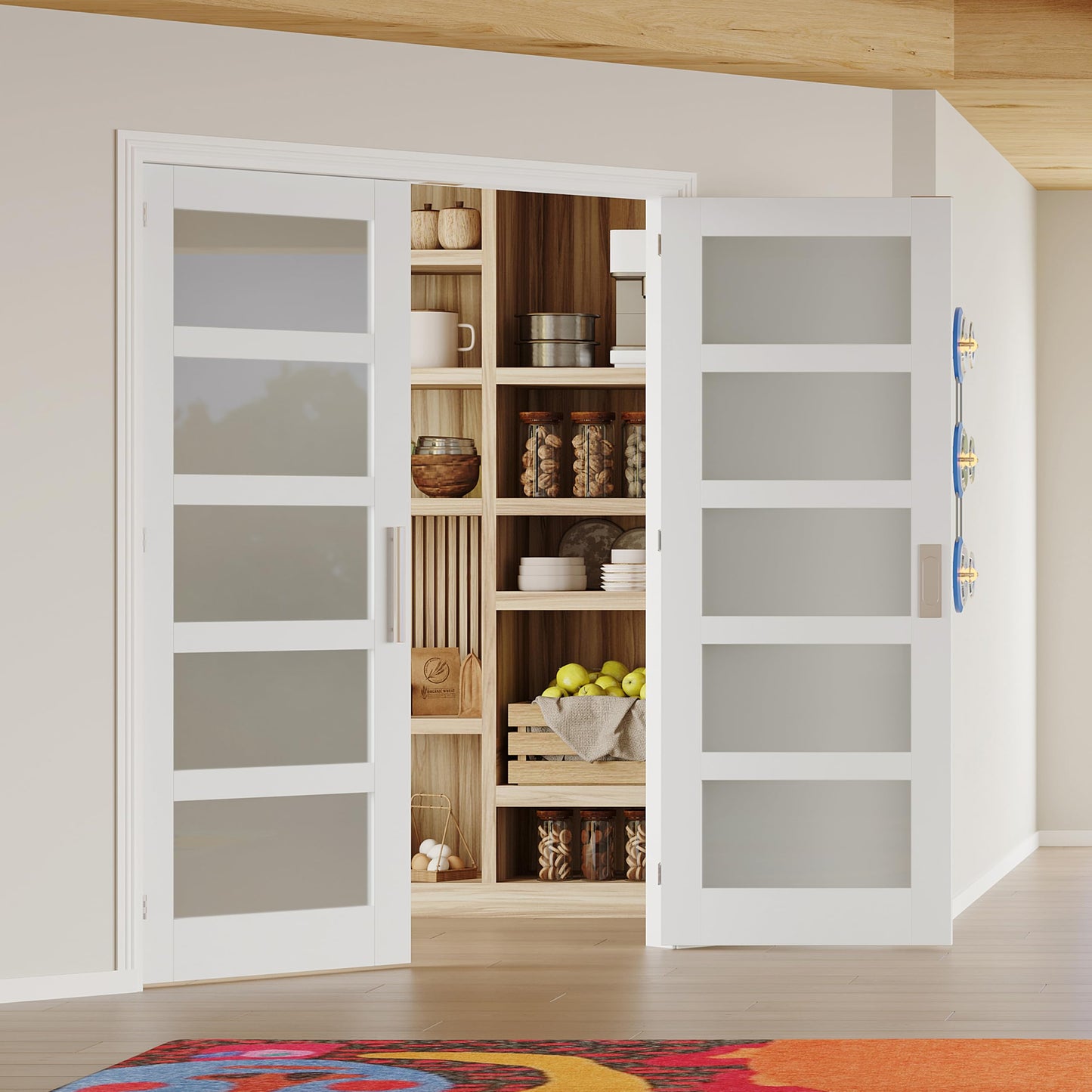 Lakenyon French Doors, 72" x 80", 5-Lite Frosted Tempered Glass French Doors Interior, Solid MDF Core French Door, T-Shape Handles, Flush Bolts, Top Bead Guide, Paintable Surface, White