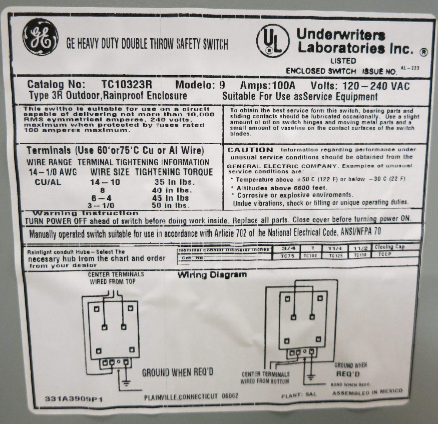 GE Energy Industrial Solutions TC10323R GE Outdoor Double Pole Double Throw Safety Switch, 100-Amp
