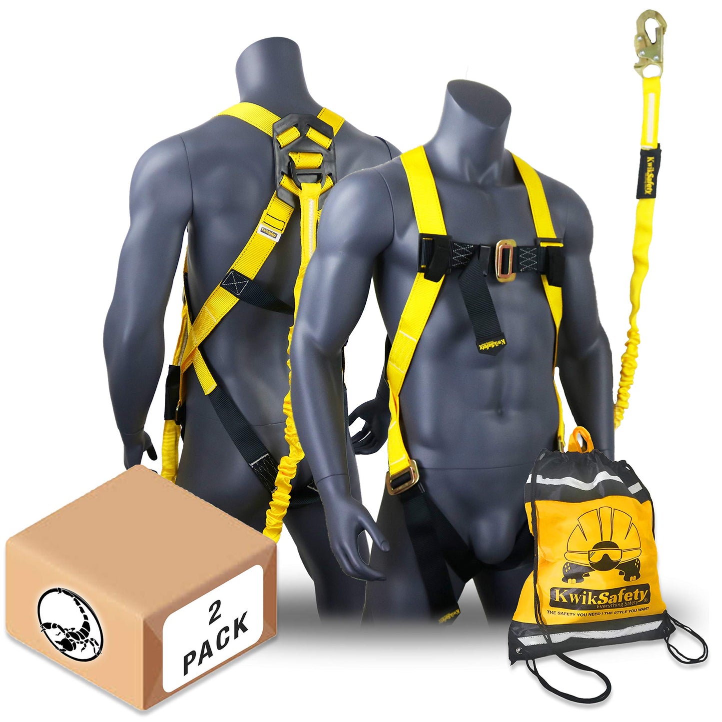 KwikSafety SCORPION [2 Pack] Safety Harness | Full Body Fall Protection Harness w/ 6ft Tubular Lanyards | Fall Arrest Safety Gear | ANSI OSHA Compliant