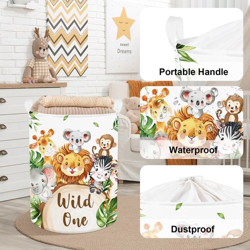 Clastyle 45L Large White Jungle Animals Elephant Kid Laundry Hamper with Handle Collapsible Lion Koala Giraffe Clothes Toy Storage Basket with Lid for Nursery