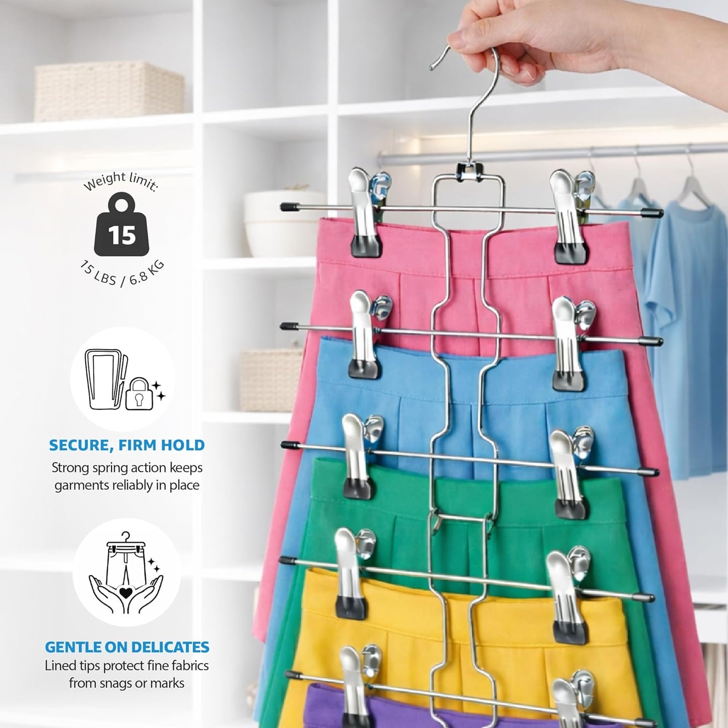 ZOBER 3-Pack Skirt Hangers with Clips - Space-Saving Closet Organizer with Swivel Hooks