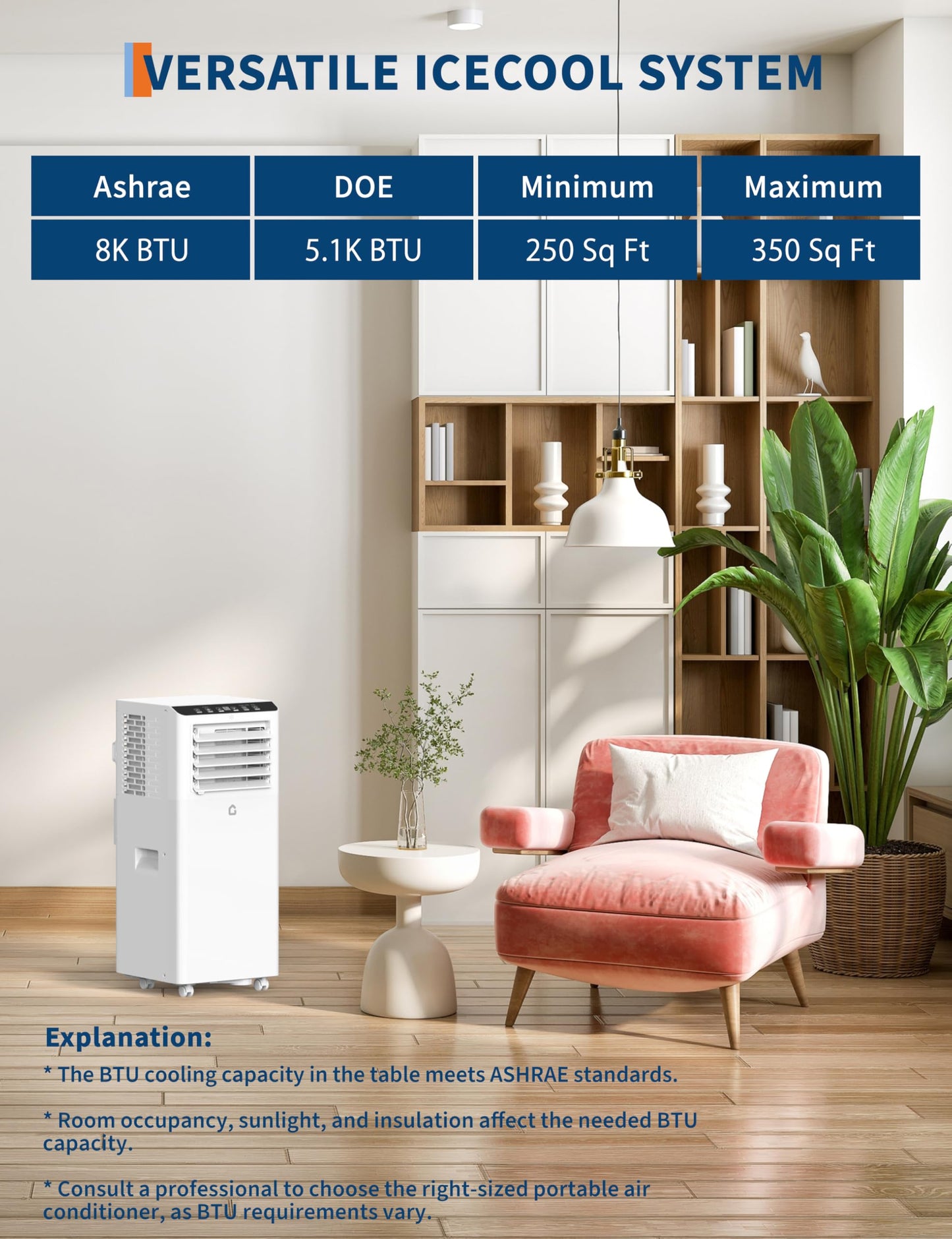 GarveeLife 8,000 BTU Portable Air Conditioners - Smart AC Units Cold Air System Quiet Cooling within 350 sq.ft with Remote Control 24H Timer/Dry/Fan Modes Drain-Free Window Installation Kits