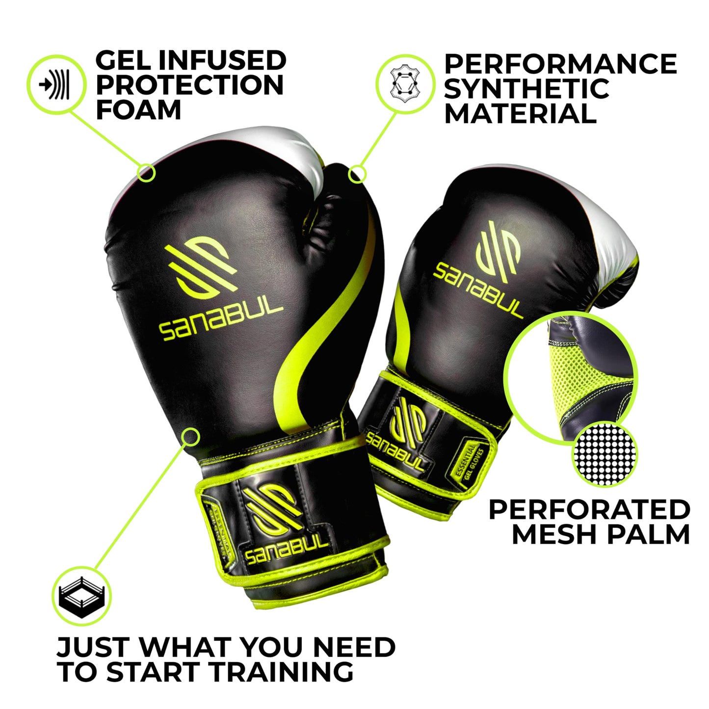 Sanabul Essential Gel Boxing Gloves for Men & Women, Kickboxing MMA, Muay Thai Gloves and Heavy Bag Training Punching & Sparring, Black/Green 12 oz