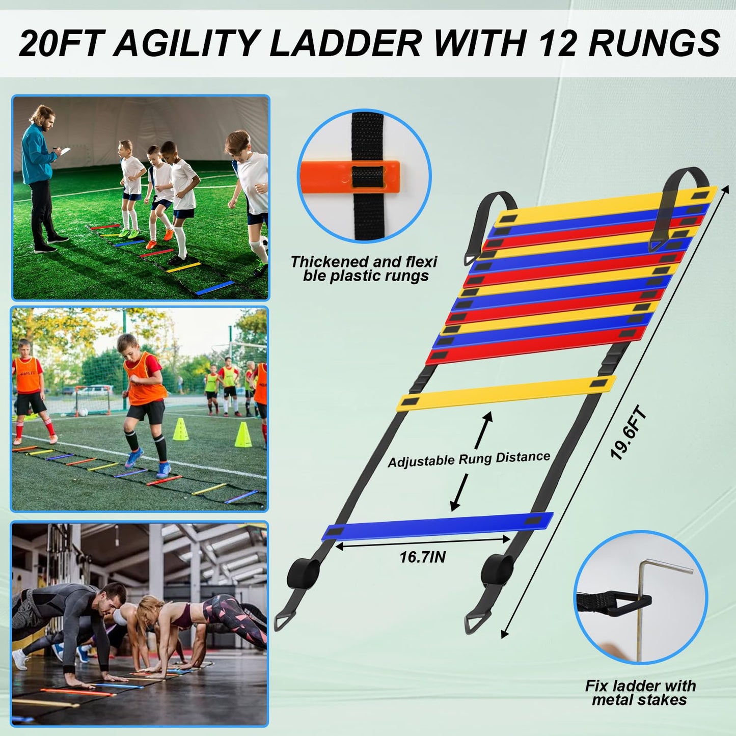 Speed Agility Training Equipment Set, Colorful Agility Ladder 20ft, 12 Football Cones, Resistance Running Parachute, Jump Rope, 5 Resistance Bands, Football Soccer Fitness Drills for Kids Adults