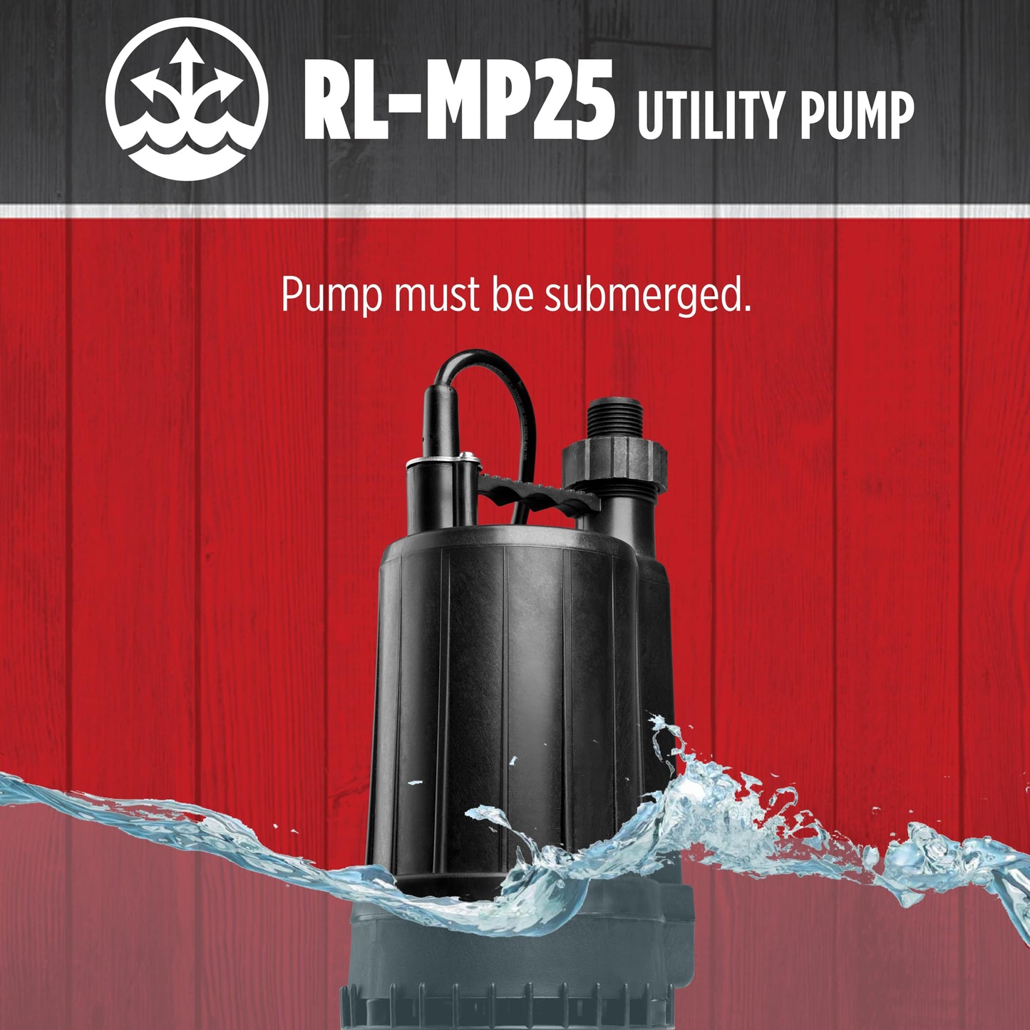 Red Lion RL-MP25 115 Volt, 1/4 HP, 2200 GPH Manual Thermoplastic Submersible Utility Pump, 8-Ft. Cord, Black, 14942732