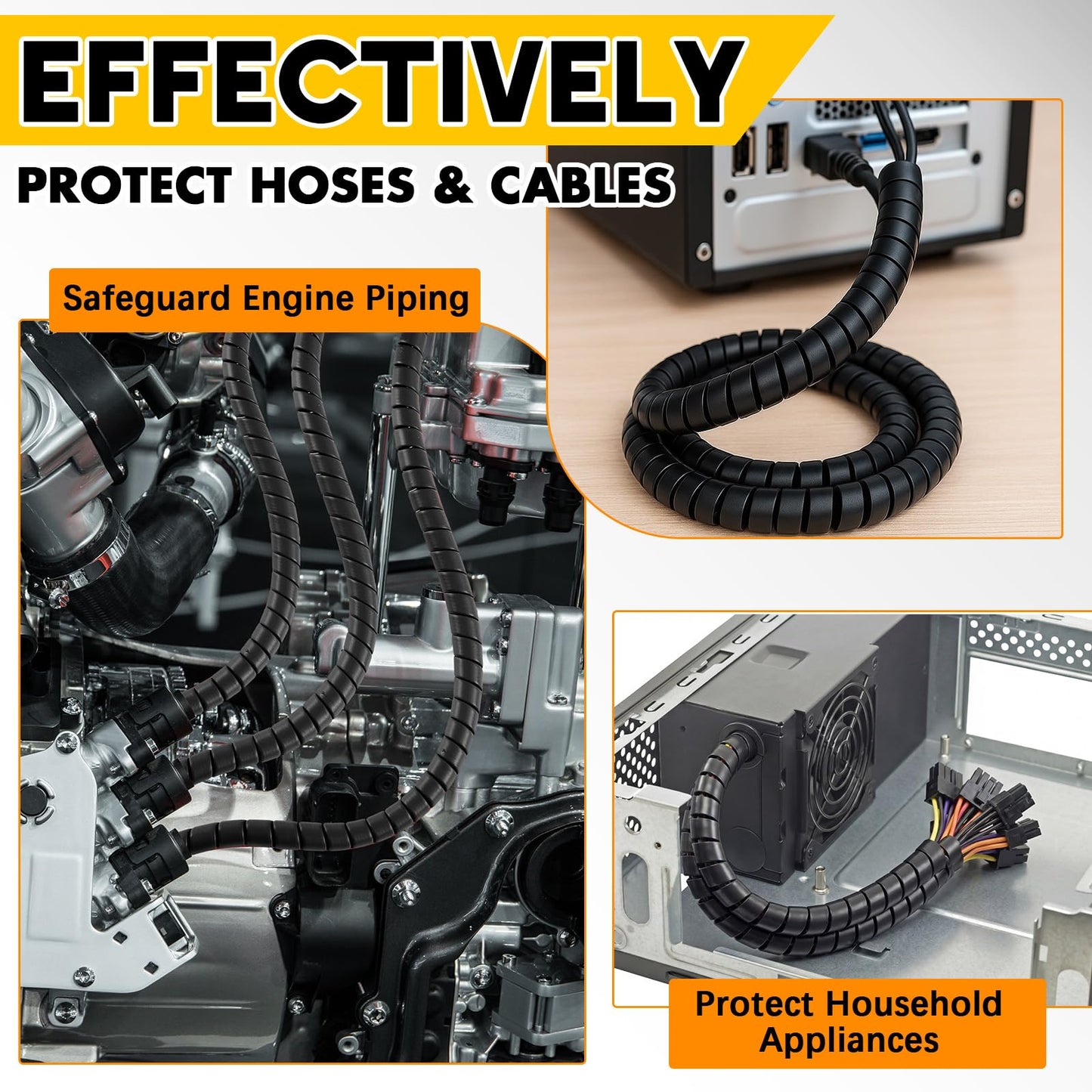Innconee 4 Pcs Spiral Wrap Cable Protector, Safe 1/4"+3/8"+1/2"+3/4" Od x 50 ft Pre Cut Lengths Hydraulic Hose Protector Wrap to Avoid Wear and Extend Life for Hydraulic Pneumatic Hoses (Black)