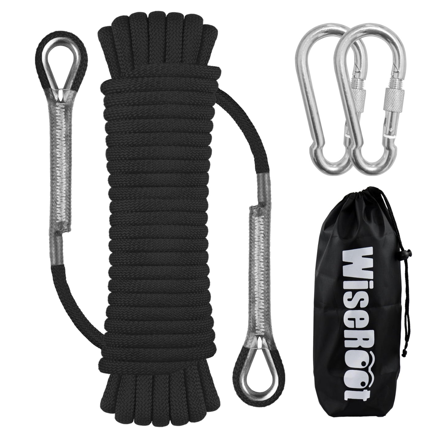 WISEROOT 8mm Static Climbing Rope: Heavy Duty Outdoor Rock Climbing Rope for Arborist Tree Work, Rescue, Camping & Hiking, (10m/32ft, 20m/64ft, 30m/96ft) Orange/Black (Black, 32 Feet)