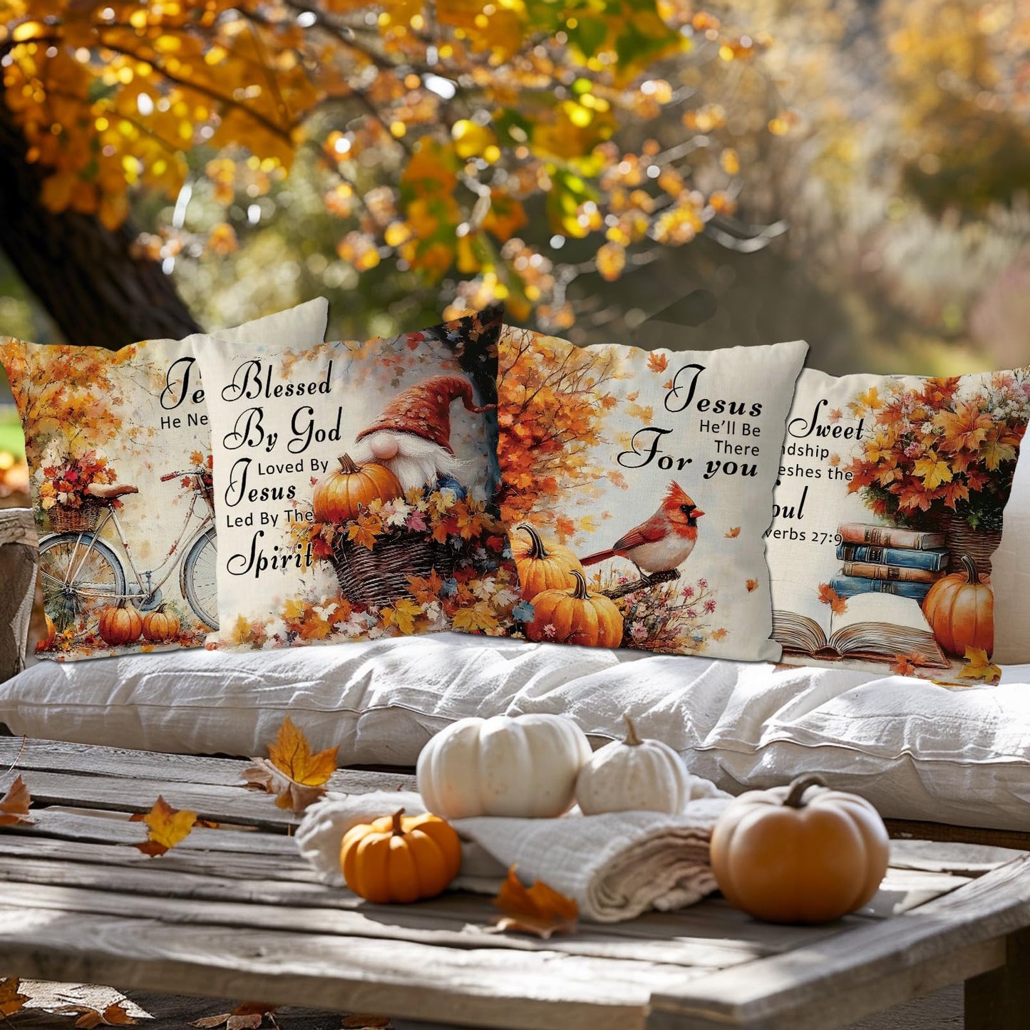 QIONG MENG Fall Pillow Covers 18x18 Inch Set of 4 Christian Jesus Religious Throw Pillowcase Catholic Spiritual Cardinal Decorative Cushion Case Autumn Harvest Soft Home Farmhouse Decorations