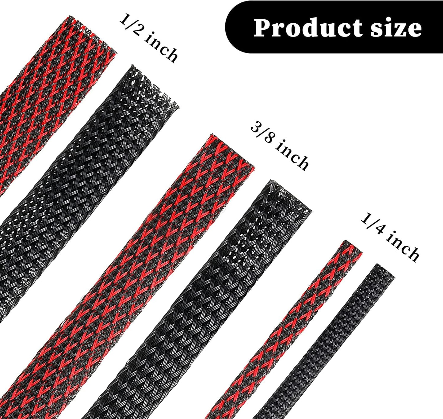 Xuniea 96ft 127 (1/2, 1/4, 3/8 Inch,Black Wire Loom Braided Cable Sleeve Covers Cord Management with Pcs Tube Heat