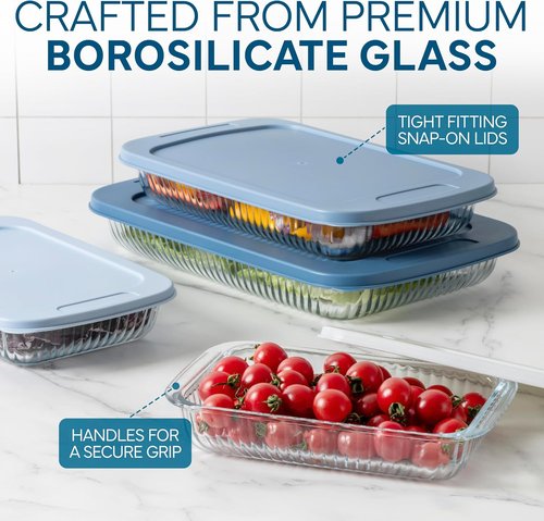Cook With Color 8-Piece Deep Glass Baking Dish Set - Versatile Casserole & Food Storage Containers | Fluted Blue, Freezer-to-Oven Safe