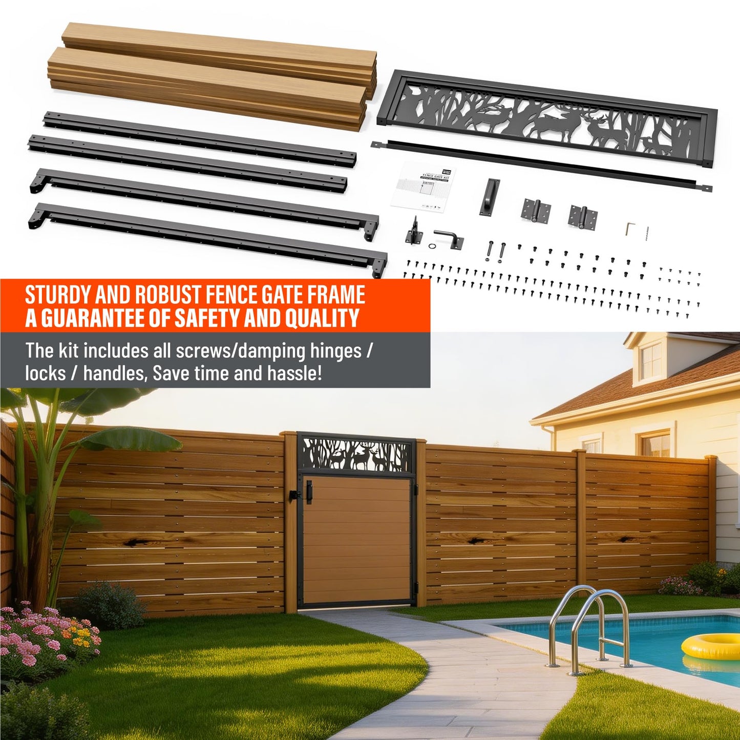 Uphode 4x5FT(46.8" x 59") 201 Stainless Steel Fence Gate Kit Heavy Duty, Anti Sag Metal Fence Gate Frame Kit with Aluminum Board, Morden Garden Gate Hardware Kit Outdoor (Left/Right Free-Installation)
