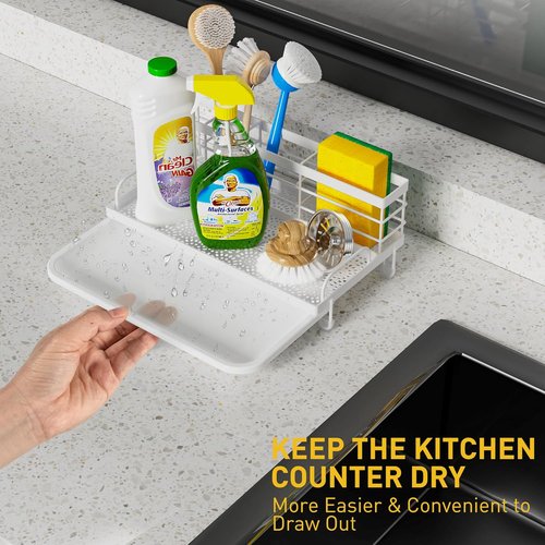 Cisily Kitchen Sink Caddy Organizer - Rustproof Non-Slip Soap Dish & Sponge Holder | Essential Home Accessory (White)