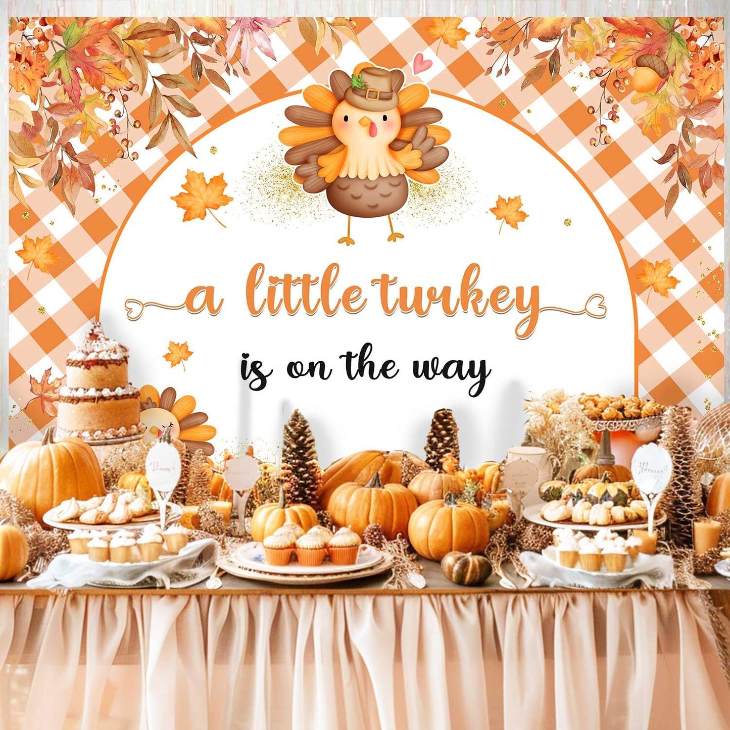 AIBIIN 7x5ft Thanksgiving Baby Shower Backdrop A Little Turkey is On The Way Party Banner Fall Turkey Pumpkin Baby