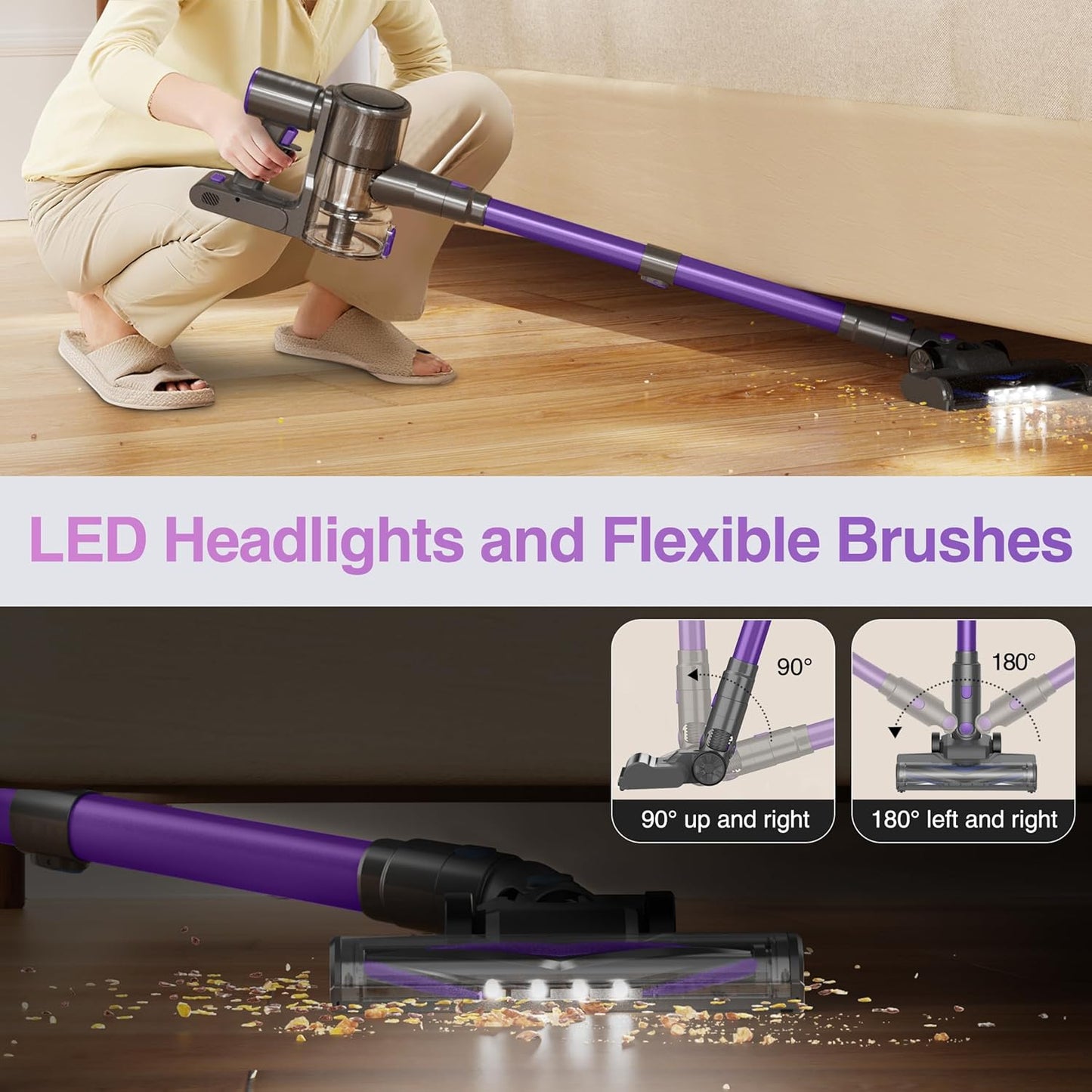 Zefiro Cordless Vacuum Cleaner - 450W Powerful Suction, 50Mins Runtime, 1.5L Dust Cup | Ideal for Pet Hair & Carpets