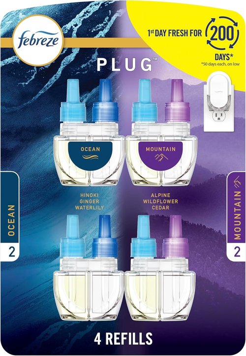 Febreze Plug-In Air Freshener Refill - Long-Lasting Odor-Fighting Scents, Ocean & Mountain, 4 Count