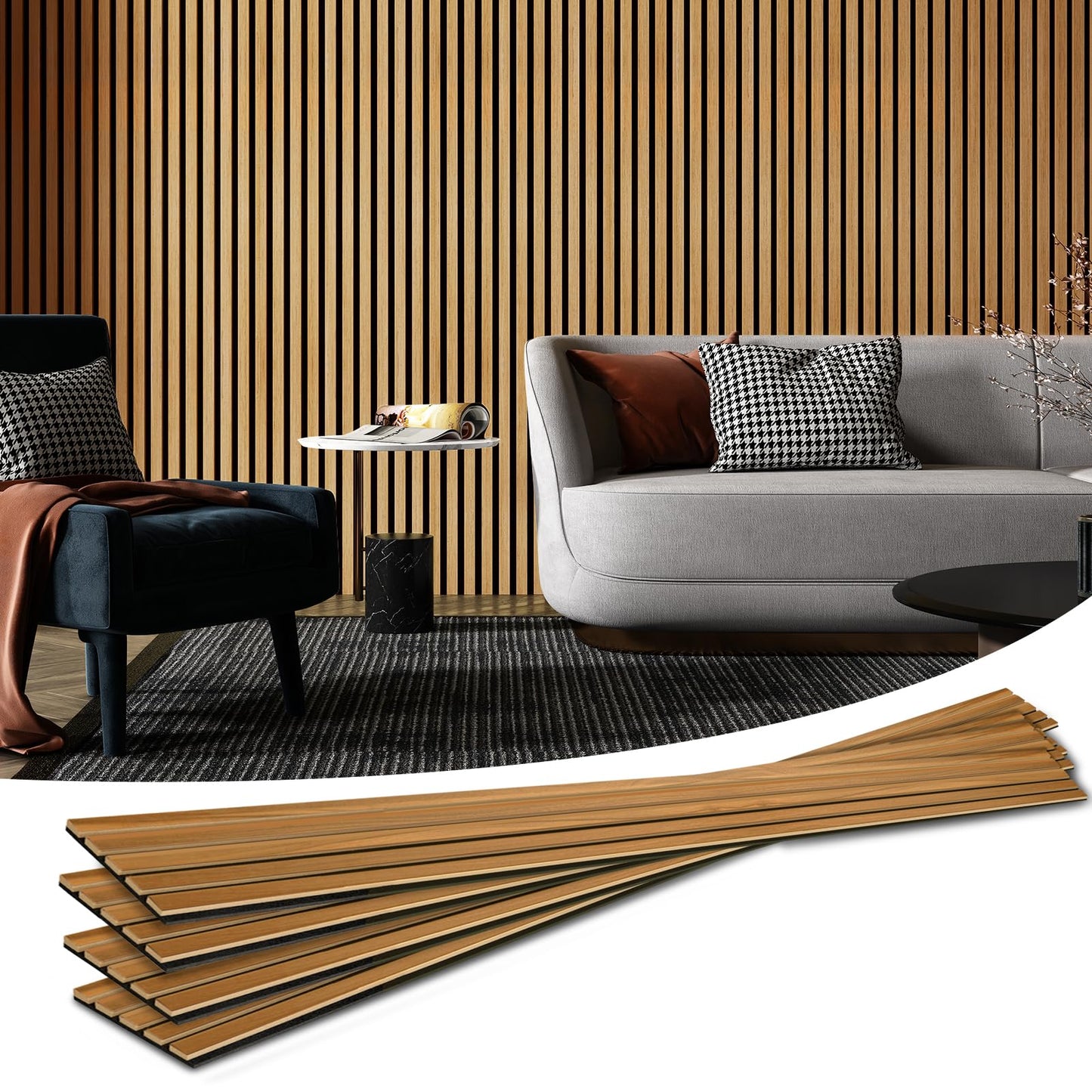 Art3d 4-Pack Acoustic Wood Slat Wall Panels for Interior Decor, 3D Fluted Sound Absorbing Wood Paneling for Accent Wall Ceiling Kitchen Living Room Bedroom Office, 94.5 x 7.9 inch Warm Teak