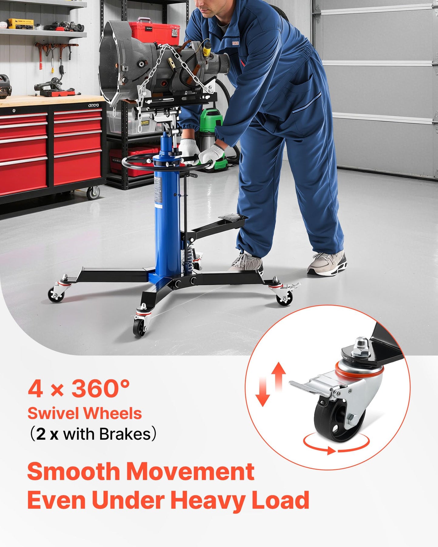 VEVOR Hydraulic Transmission Jack, 1660 lbs Capacity Hydraulic Telescopic Transmission Jack, 34.6-69.3 in High Lifting Height, 2-Stage Floor Jack Stand with Foot Pedal, 360° Swivel Wheel, Blue