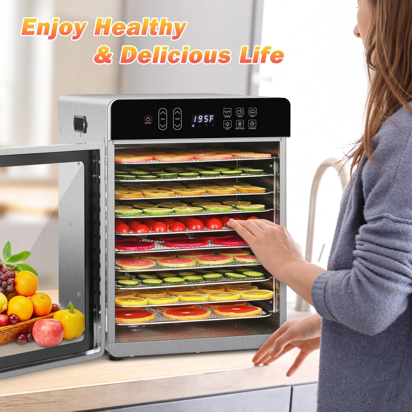 SUCICENI Food Dehydrator for Jerky, 10 Stainless Steel Trays 9ft² Dehydrator Machine, 1000W Dehydrator with 24H Timer 195℉ Temperature Control for Meat, Fruits, Veggies, Dog Treats