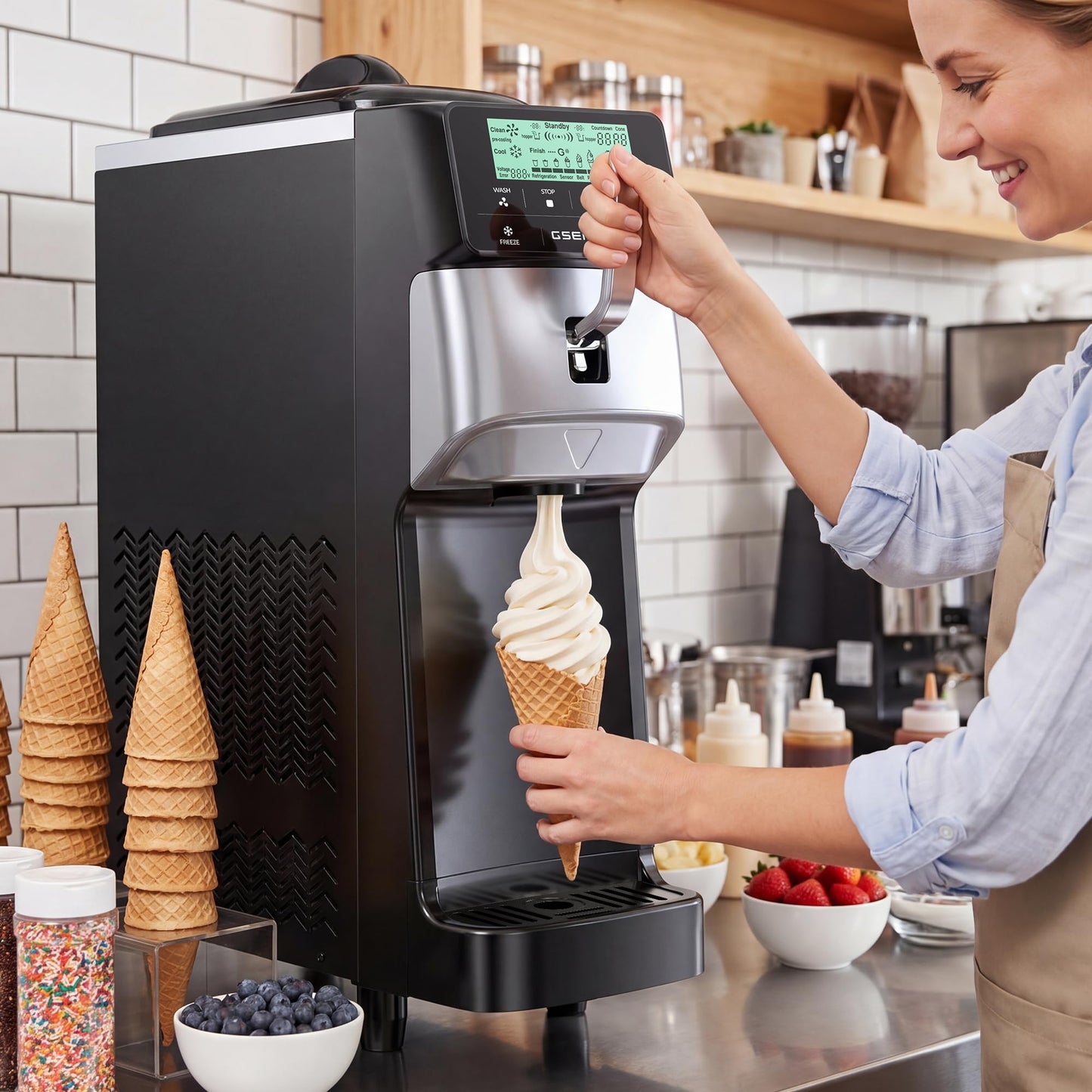 Soft Serve Ice Cream Machine – 3.5 Gal/H Single Flavor Ice Cream Maker with 5" HD Display, Pre-Cooling Function & 1.6 Gal Hopper, Ideal for Cafés, Restaurants, Bakeries and Commercial Use