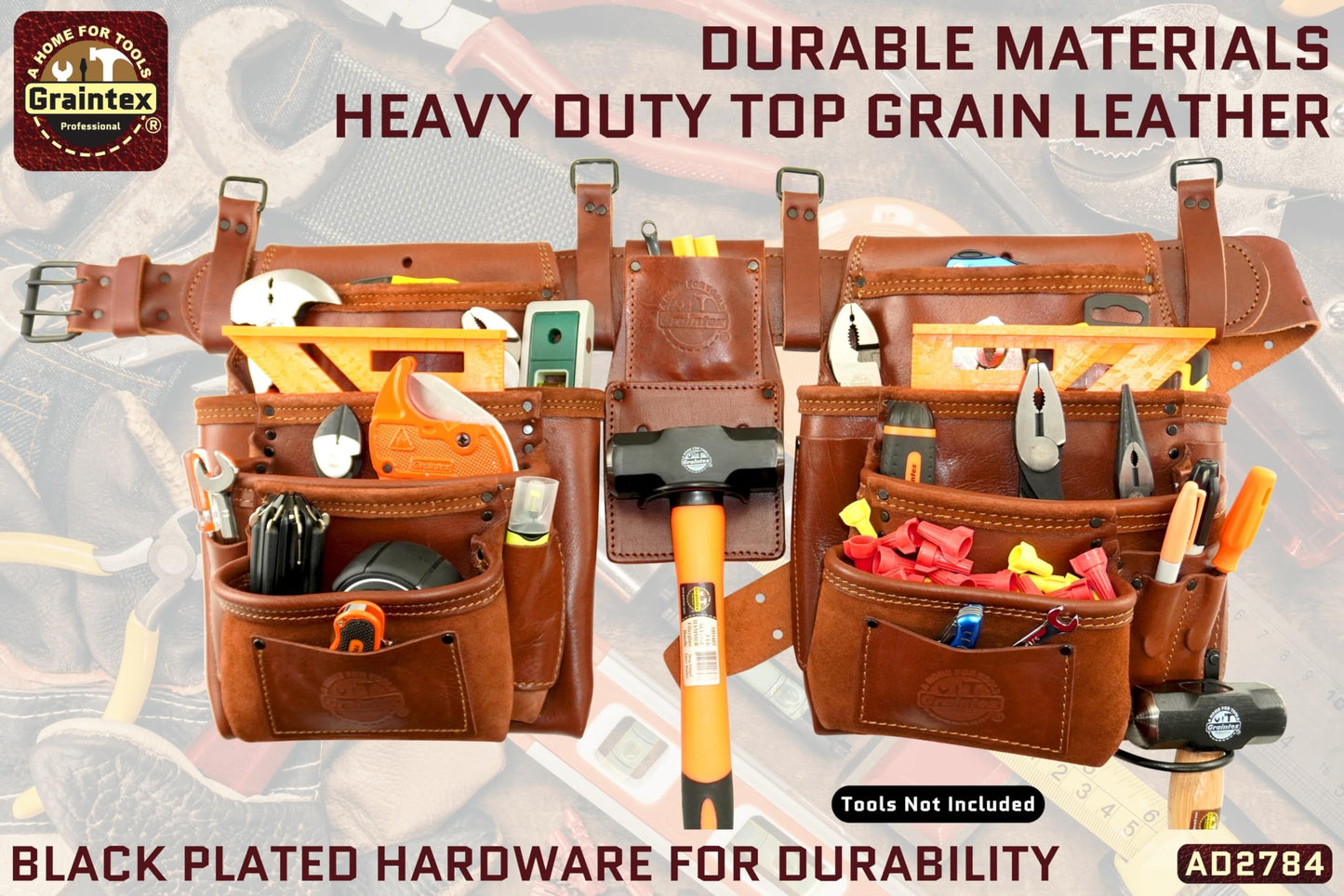 GRAINTEX AD2784 :: 4 Piece 17 Pocket Framer's Tool Belt Combo Ambassador Series Chestnut Brown Color Grain Leather