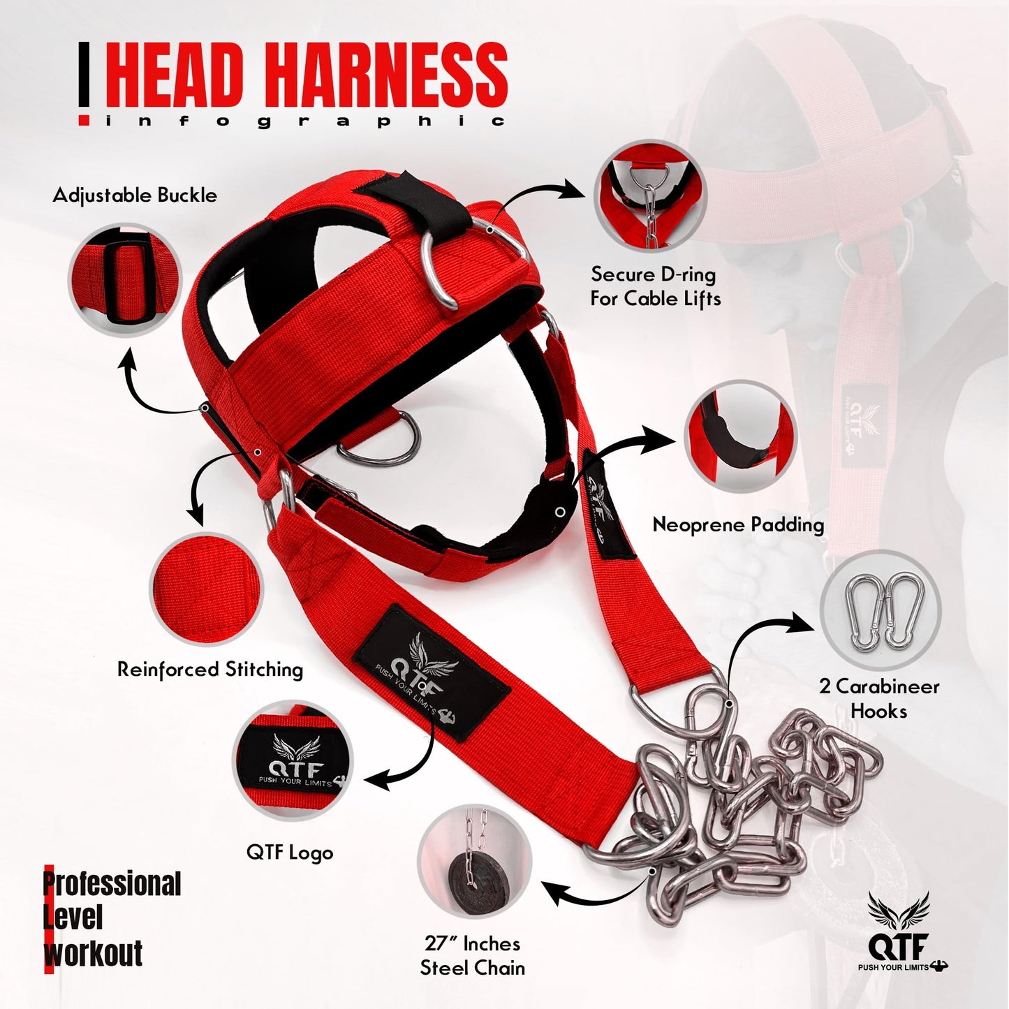 QTF Neck Harness Weight Lifting Training, Neck Builder Thick Neoprene Padded Adjustable Chin & Head Strap, Neck Workout Head Harness Heavy Duty Steel Chain (Red)