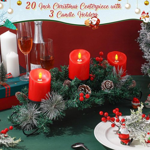 Mudder Christmas Table Centerpiece Set - 20'' Steel Base with 3 Flameless LED Candles & Red Berry Decor