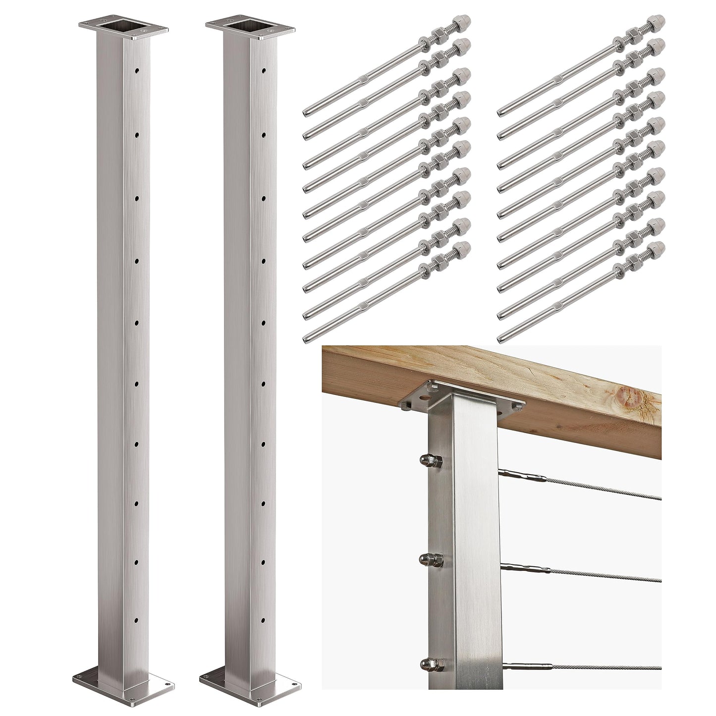 Mayset 36" 2 Pack Stainless Steel Cable Railing Post 2"×2" with 1/8 Cable Railing Kit, Level drilled (2, 36 Inch)