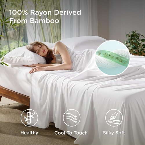 Bedsure Queen Sheet Set - Cooling Bamboo Sheets for Hot Sleepers | Soft, Breathable, Deep Pocket, White
