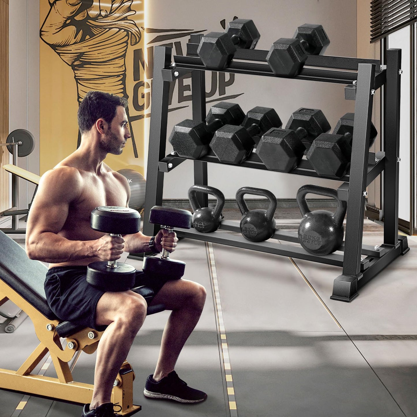 Bongkim Dumbbell Rack, Weight Rack for Home Gym, 3 Tier Weight Plate Rack for Dumbbells and Kettlebells, Dumbbells Weights Rack for Home 1100LBS