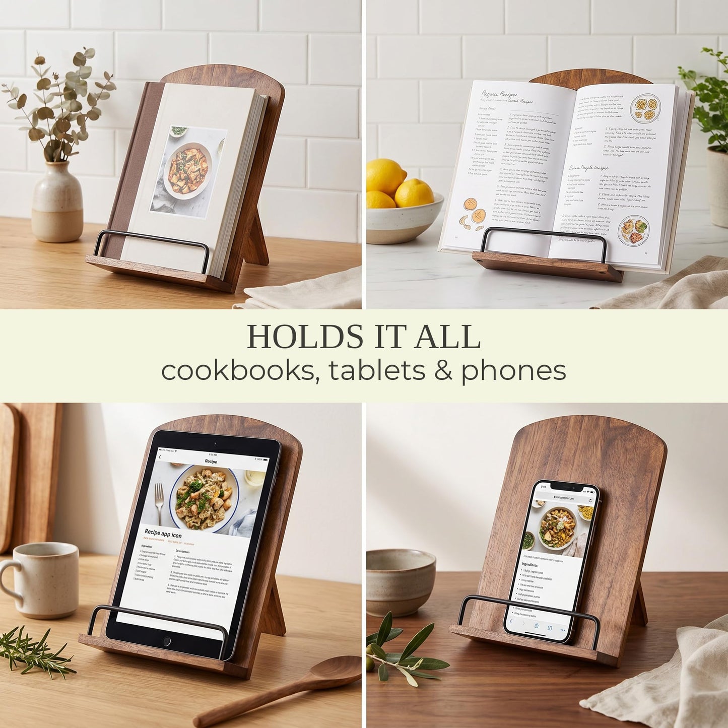 Beautiful Cookbook Stand for Your Kitchen Counter - Solid Wood Stand Easily Keeps Cook or Recipe Books Open for Convenient Cooking - Perfectly Fits Your iPad/Tablet and Enhances Any Kitchen Decor
