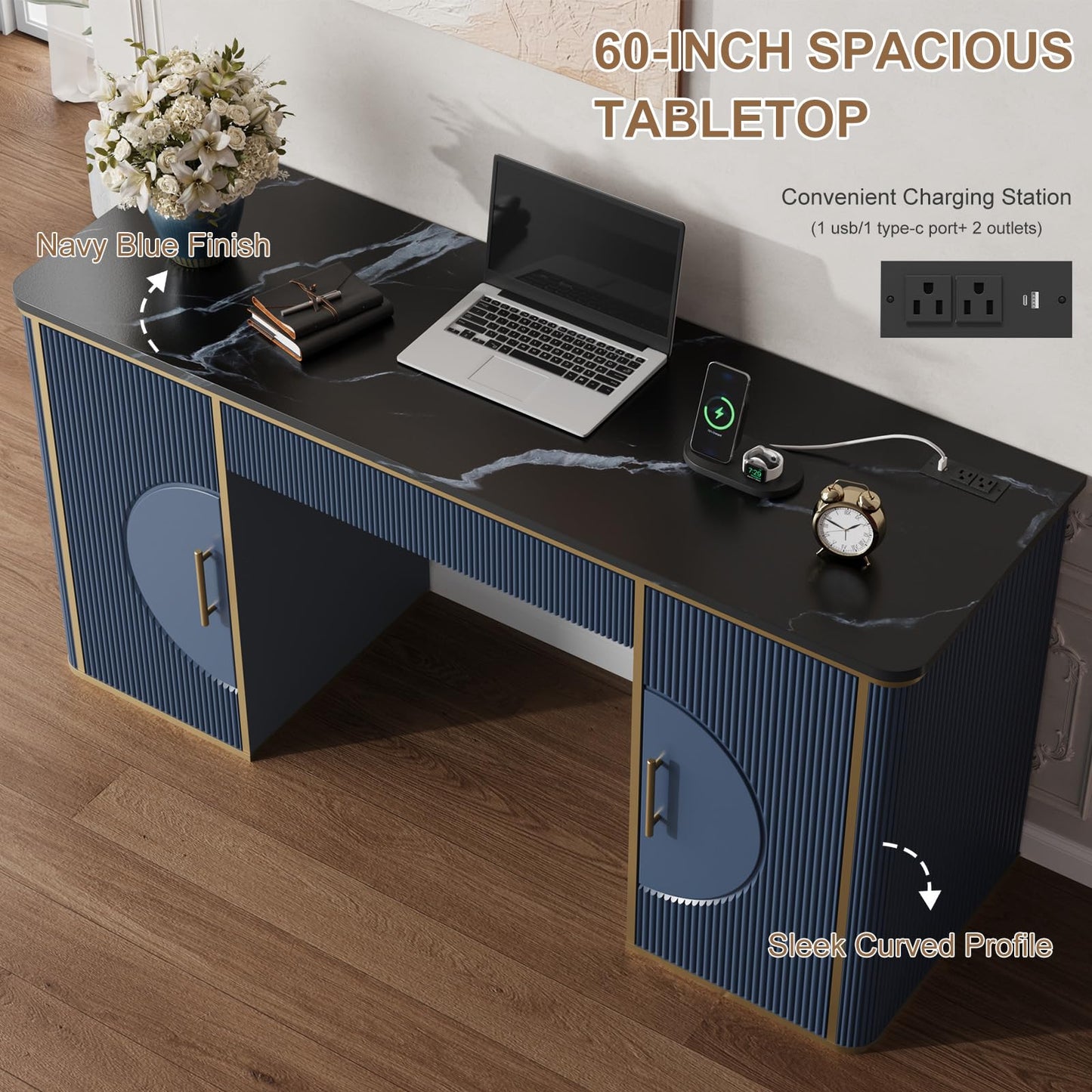 RNLRNL 60" Fluted Computer Desk, Wooden Long Home Office Writing Desk with Drawer & Storage Cabinet, Modern Writing Table with Charging Station, High Executive Desk for Office，Bedroom, Navy Blue