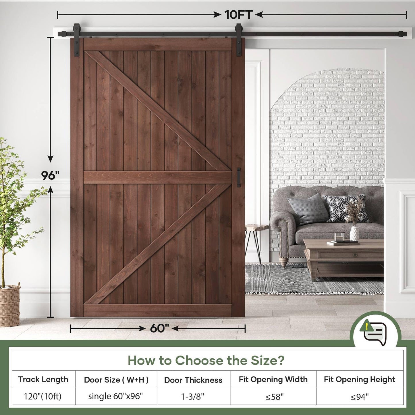ROYMELO 60x96 inch Sliding Barn Wood Door Slab with 10ft Hardware Kit and Handle, Coffee, K Shape, Simple DIY Assembly