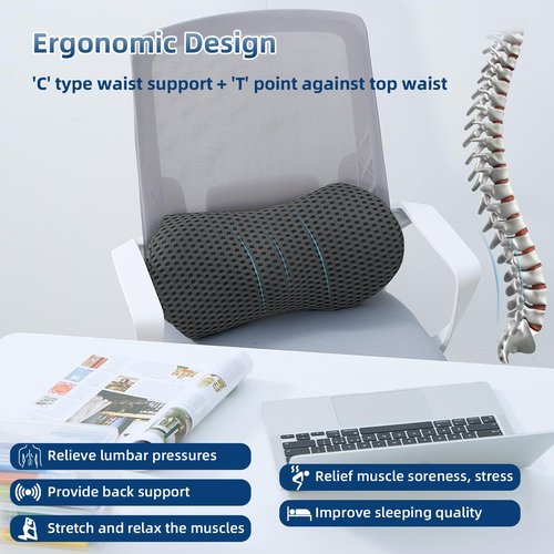 Lumbar Pillow, Memory Foam Lumbar Support Pillow for Office Chair and Car Seat, Ergonomic Streamline Back Pillow for Lower Back Pain Relief, Back Support Pillow for Sitting, Driving, Traveling